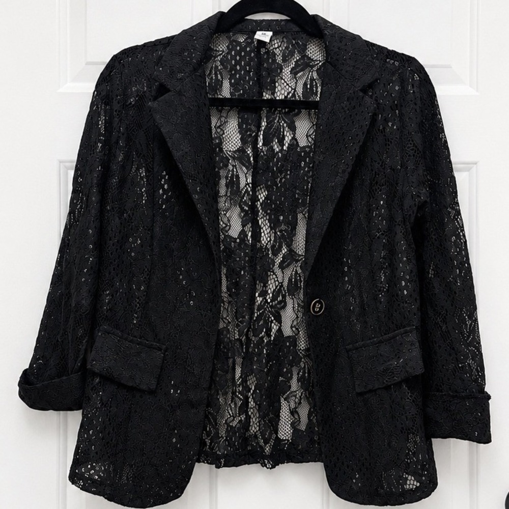 Xinzuodie Womens Black Sheer Floral Lace Blazer Single Button Jacket Size 2